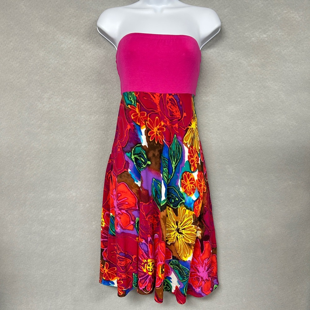 VTG Jams World Dress Women's L Strapless Pink Floral Hawaiian USA Tropical Boho